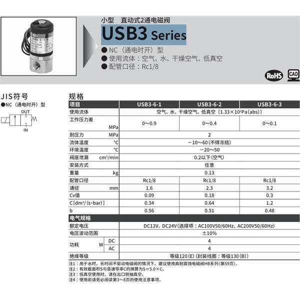 CKD喜開(kāi)理多種流體小型直動(dòng)式2通電磁閥USB3-6-2-D-DC24V