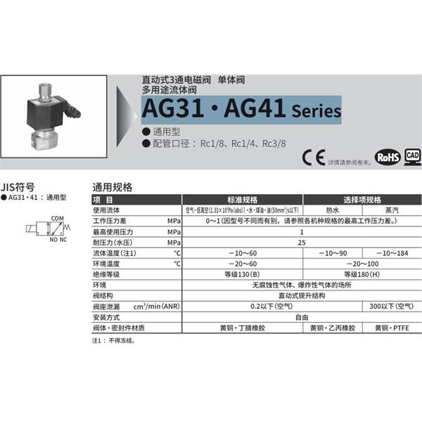 CKD喜開理多種流體直動式2通電磁集成閥AG41-01-2-AC100V