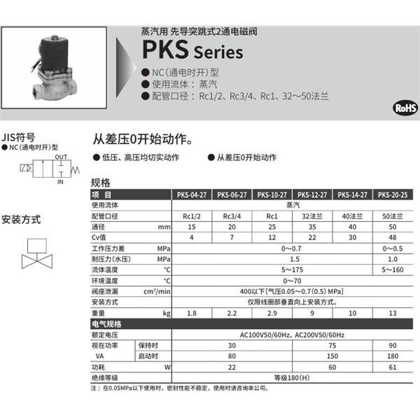 CKD喜開理蒸汽用先導(dǎo)突跳式2通電磁閥PKS-06-27-AC200V