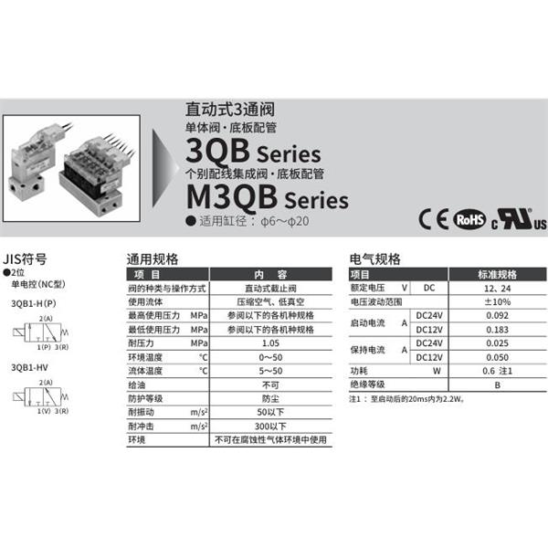 CKD喜開理直動式3通電磁閥3QB119-M5-C3H-3