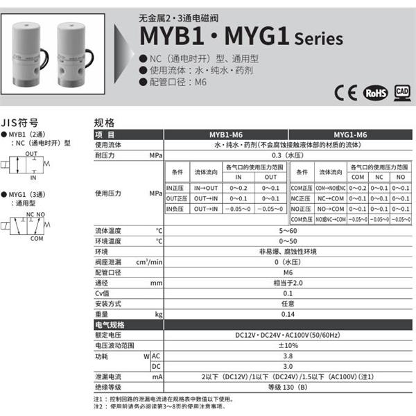 CKD喜開(kāi)理無(wú)金屬2?3通電磁閥MYG2-6-AC100V