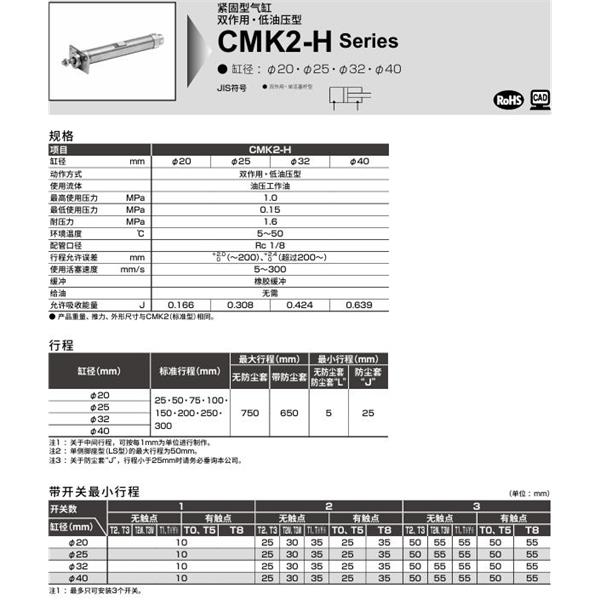 CKD喜開理緊固型氣缸CMK2-H-LS-20-100-JI